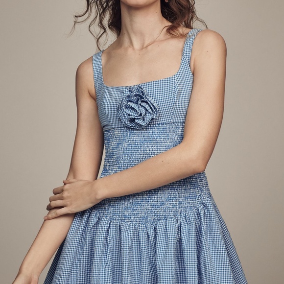 NWT Maeve Anthropologie Blue White Gingham Rosette Drop Waist Mini Dress M - Picture 2 of 5